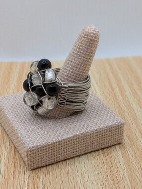 Black And White Beaded Wire Wrap Statement Ring
